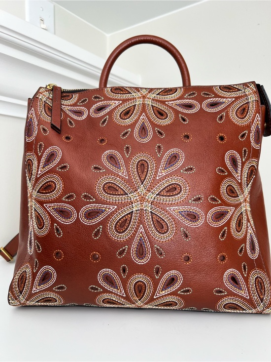 Fossil Handbags - Fossil Brown Leather Satchel with Multicolor Embroidered Florals